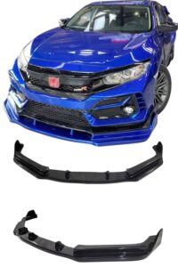 Yüksek performanslı mavi Honda Civic Type R ön tampon spoilerleri ile sportif görünüm.